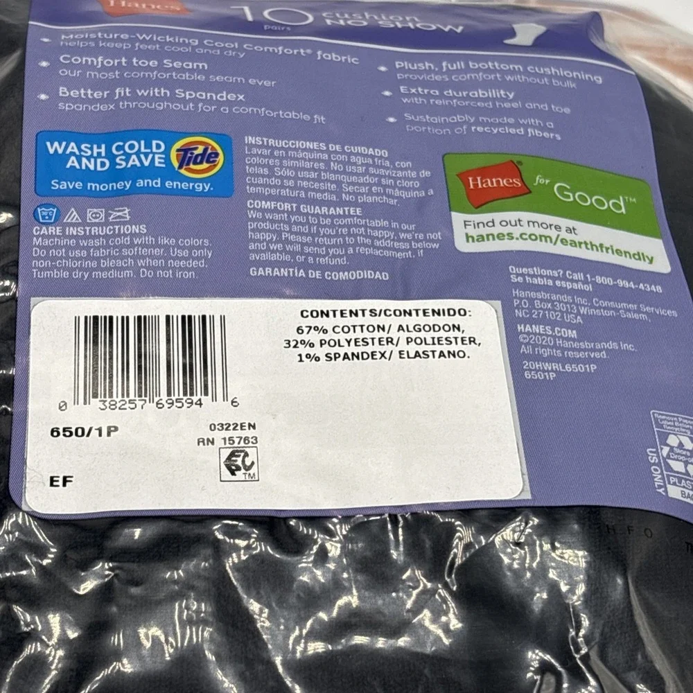 Hanes Womens Cushion No Show Socks Ecosmart 20 Pairs 8-12 Black 650/1P